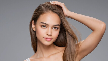 Fototapeta premium Beautiful model girl with shiny brown and straight long hair . Keratin straightening . Treatment, care and spa procedures. Smooth hairstyle