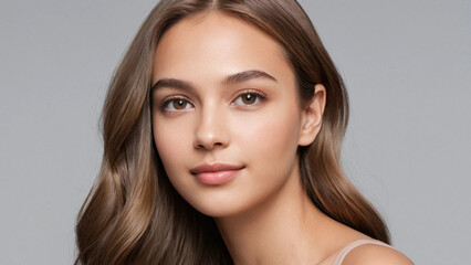 Naklejka premium Beautiful model girl with shiny brown and straight long hair . Keratin straightening . Treatment, care and spa procedures. Smooth hairstyle