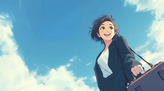 Smiling anime woman with briefcase under blue sky,concept illustration for business,corporate,and advertising