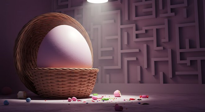Giant Easter Egg in a Basket with a Maze Background
