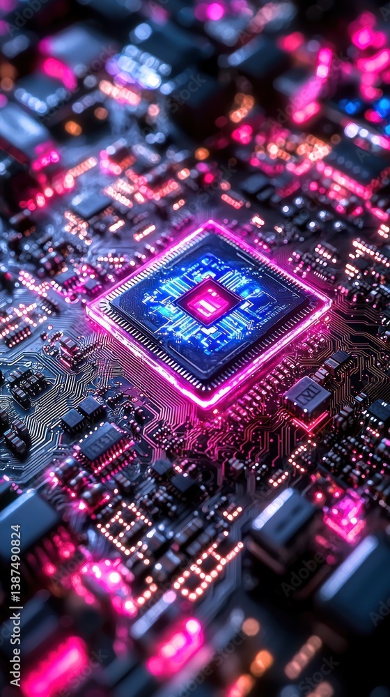 Poster close-up of a glowing computer chip on a circuit board. detailed view of electronic components