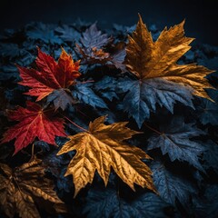 Collection of maple leaves in varying autumnal shades rests on dark surface, illuminated from above, highlighting intricate vein patterns, contrast between warm-colored leaves at center.