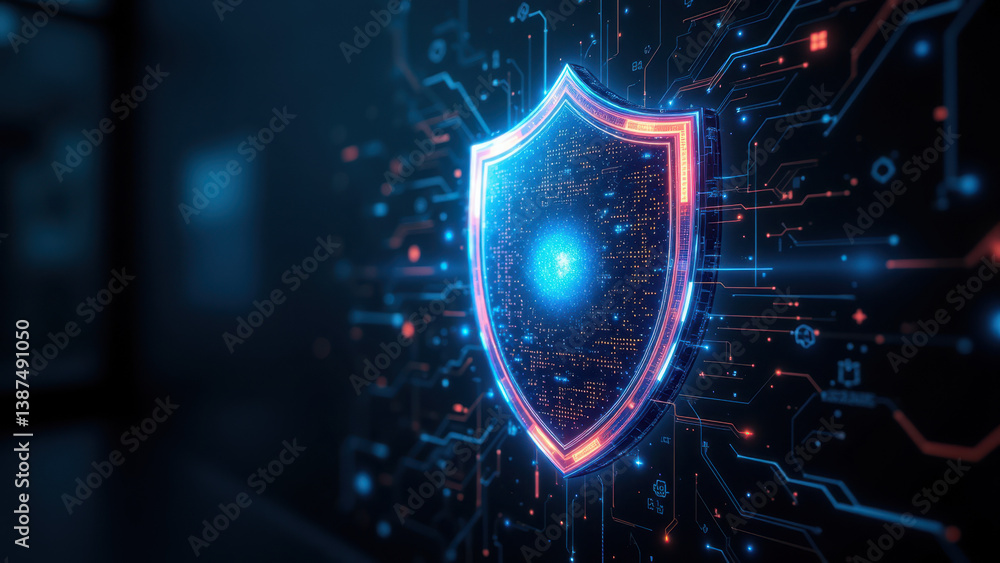 Poster this image features a vibrant graphic design of an internet security shield with glowing digital eff