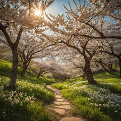 Obraz premium Winding path meanders through tranquil grove of blooming cherry trees, their delicate pink blossoms forming vibrant canopy against clear blue sky. Sunlight filters through petals.