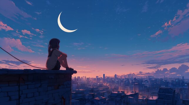 Anime girl sitting on rooftop overlooking cityscape at twilight, crescent moon in sky; lofi concept illustration for social media post, album art, and phone wallpaper