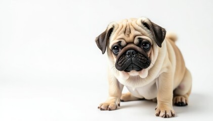 Wrinkled pug, facing forward, pure white backdrop, face, wrinkles, close-up