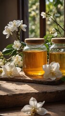 Obraz premium Two glass jars filled with golden liquid, possibly honey, placed on wooden surface near window with sunlight streaming through. Surrounding jars delicate white flowers with yellow centers.