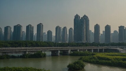Obraz premium Cityscape dominated by numerous tall skyscrapers under hazy sky, with river flowing in foreground, bridge spanning across it. Buildings densely packed, creating forest of modern architecture.