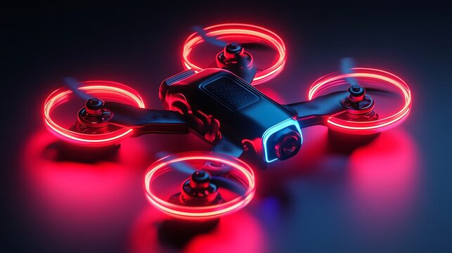 Futuristic drone with glowing red rings and a sleek black design, ready for flight
