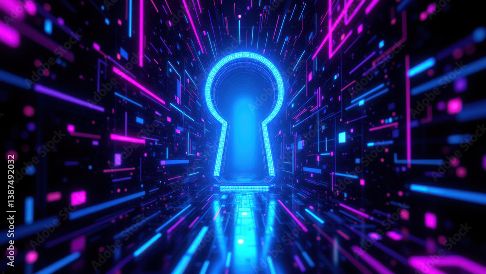 Poster futuristic cybernetic tunnel with a floating key and digital particles.
