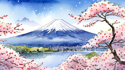 Mount Fuji watercolor painting with cherry blossoms and lake scenery