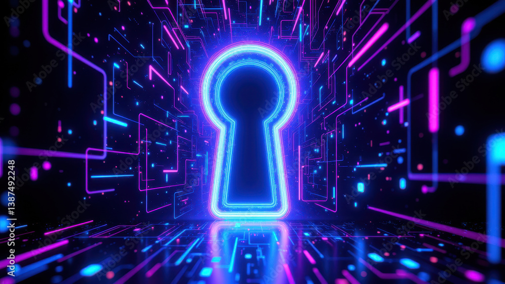 Poster cybersecurity concept with a digital key standing at an open doorway in a network tunnel.