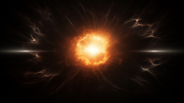 Rayons lumineux, explosion, boule de feu sur fond noir, sombre. Mouvement direct, &eacute;clair de lumi&egrave;re rouge, orange et fum&eacute;e. Eclat lumineux. Conception et cr&eacute;ation graphique, banni&egrave;re.
