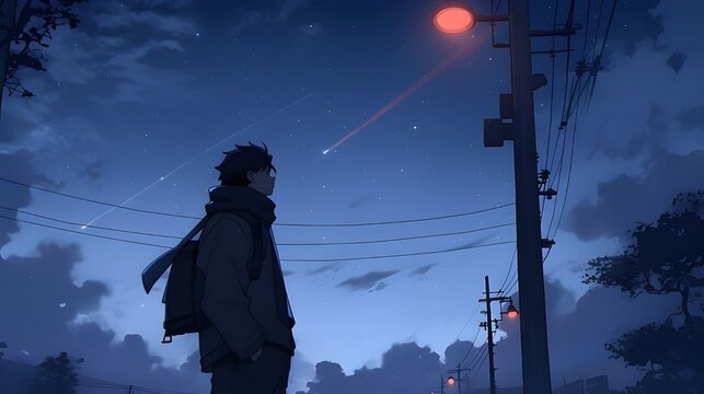 Anime-style man standing alone on the street at night with soft lighting and moody atmosphere