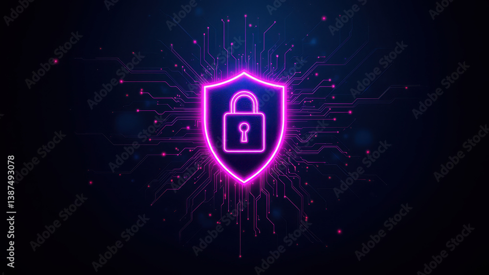 Poster cybersecurity icon with digital lock and glowing network effects.