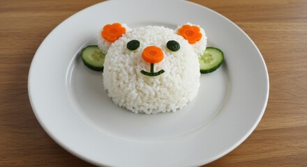 Creative rice meal designed as a cute bear face with vegetables and rice served on a white plate during lunchtime