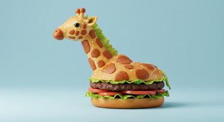 Creative food art piece represents a giraffe made from a hamburger, showcasing unique culinary design and vibrant colors, capturing the imagination