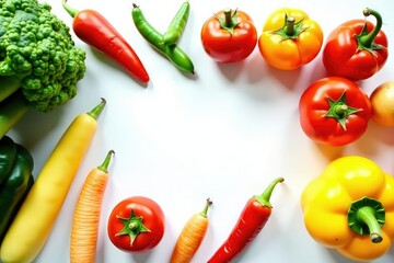Assorted organic vegetables on white backdrop, studio shot, peppers, texture