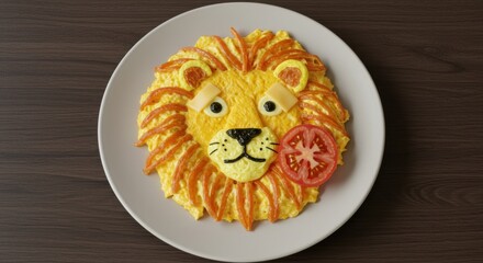 Creative breakfast with lion-shaped omelet made from eggs, vegetables, and cheese on a white plate