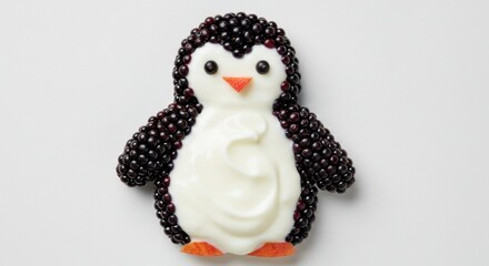 Cute dessert shaped like a penguin made with yogurt, berries, and carrots, perfect for kids at a summer party or celebration
