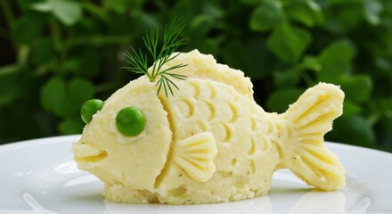 Creative fish-shaped mashed potato dish garnished with green peas and dill on a plate in a lush garden setting