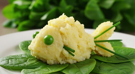 Creative fish-shaped mashed potatoes displayed elegantly on a bed of fresh spinach leaves in a bright kitchen setting