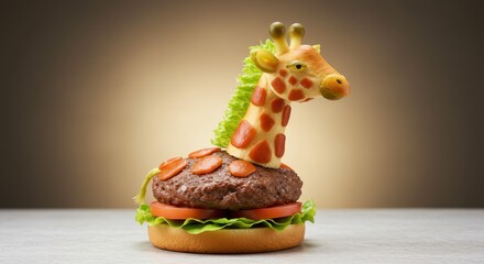 Unique burger creation featuring a giraffe-shaped topping made from vegetables and a flavorful patty using fresh ingredients