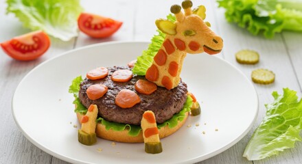 Creative food art featuring a giraffe made of vegetables atop a burger with lettuce and tomato, presented on a white plate in a bright kitchen setting