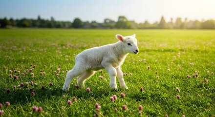 Obraz premium Adorable lamb stands in a sunlit meadow of clover, capturing the innocence of spring.