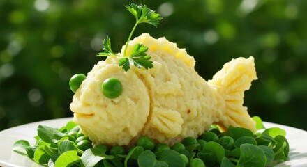 Creative mashed potato fish sculpture garnished with peas and herbs on a plate, showcasing culinary art and presentation skills in a bright outdoor setting
