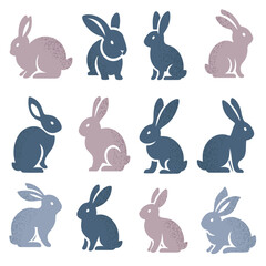 Vector illustration of bunny silhouettes with flowers and hearts for Easter, cute and festive design.