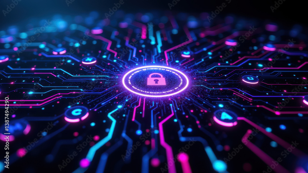Poster cybersecurity symbol with glowing lock and neon-colored network of lines.
