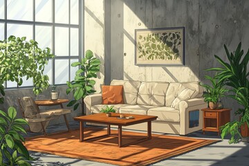 Interior Cozy Living Room, Sunlight, Plants, Furniture, Calm and Relaxing