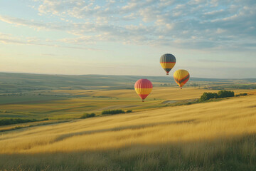 Obraz premium Hot air balloons soaring over golden fields at sunset 