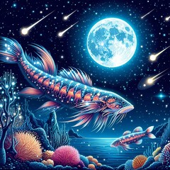 A surreal digital artwork of a massive, glowing neon-colored fish swimming in the deep ocean.