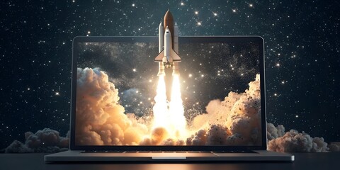 Rocket Launching from Laptop Screen Surrounded by Smoky Clouds and Stars