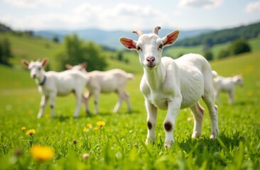 Obraz premium White goats graze in a green meadow, walk in the fresh air and graze grass. Production of goat's milk. Farming