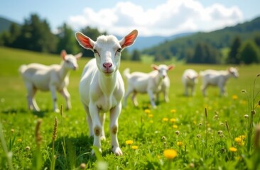 Fototapeta premium White goats graze in a green meadow, walk in the fresh air and graze grass. Production of goat's milk. Farming