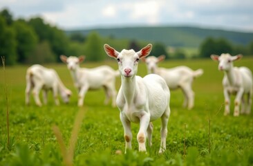 Fototapeta premium White goats graze in a green meadow, walk in the fresh air and graze grass. Production of goat's milk. Farming