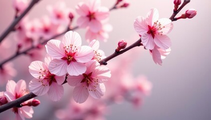 Obraz premium Delicate pink sakura blossoms, intricate branches, soft pastel background, floral pattern, spring, spring flower