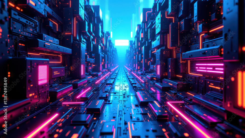 Poster this is a digital artwork representing an intricate cybersecurity landscape with neon-lit server rac