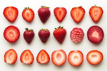 Fresh Strawberries Still Life Whole and Halved Red Berries Arranged on White Surface