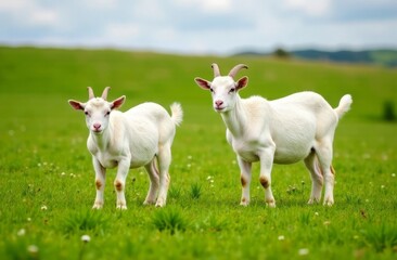 Obraz premium White goats graze in a green meadow, walk in the fresh air and graze the grass. The goat looks into the frame. Production of goat's milk. Agricultural industry