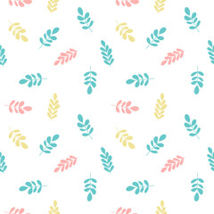 Colorful leaves seamless pattern.Ethnic leaf surface design background.Nature botanical folk art vector illustration.Design for eco,seasonal, earthday,texture,print product,summer, spring.Hand drawn.