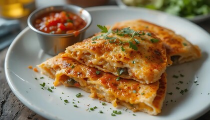 Delicious Quesadilla Slices with Salsa on a White Plate Ready to Eat