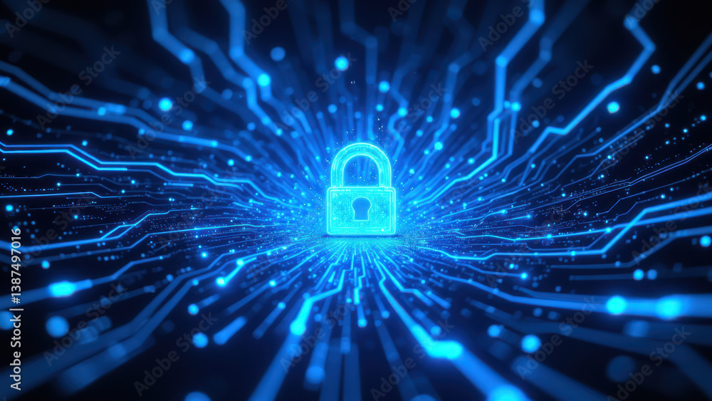 Poster a digital lock symbolizing cybersecurity and internet security surrounded by a network of blue circu
