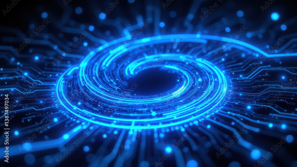 Poster high-tech cybersecurity concept image with a glowing network of blue circuits against a dark backgro