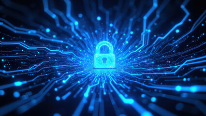 A digital lock symbolizing cybersecurity and internet security surrounded by a network of blue circuit lines.