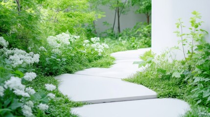 Serene garden path with white flowers and lush greenery.  A peaceful walkway winds through a vibrant garden bed