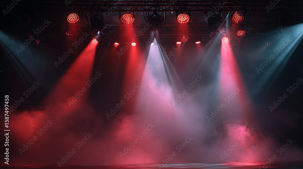 Poster illuminated stage with red and blue lights and fog creating a dramatic and atmospheric scene effect